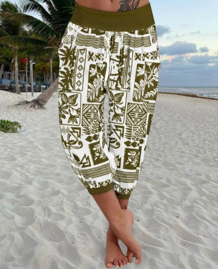 Premièrement : Ce Pantalon capri taille basse à imprimé plante tribales avec boutons décoratifs, pantalon de vacances avec poche femme .