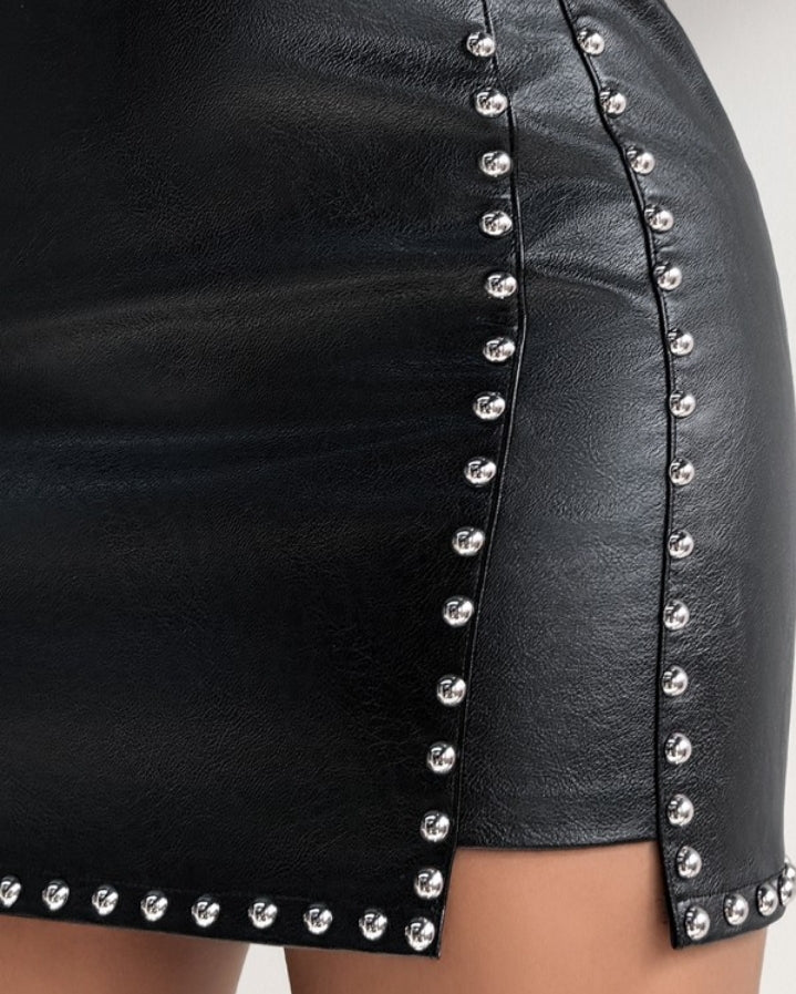 Premièrement : Cette Jupe trapèze taille haute cloturee en PU jupe moulante irrégulière décontractée mini Femme.