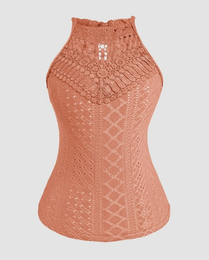 Premièrement : Ce débardeur sans manches en dentelle contrastée texturée, coupe slim décontractée Femme