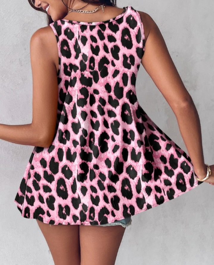 Premièrement : Ce Débardeur décontracté à col en V et motif léopard sans manches avec perles décoratives Femme.