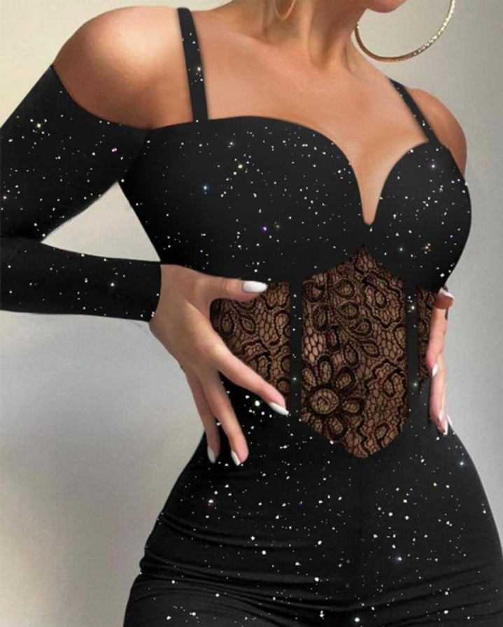 Premièrement : La Combinaison corset en dentelle contrastée à épaules dénudées scintillantes Femme.