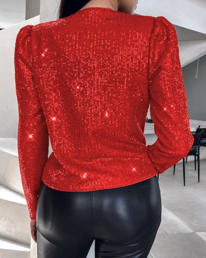 Premièrement : Brillez avec ce Manteau blazer à paillettes scintillantes, ouvert sur le devant , manches bouffantes femme.