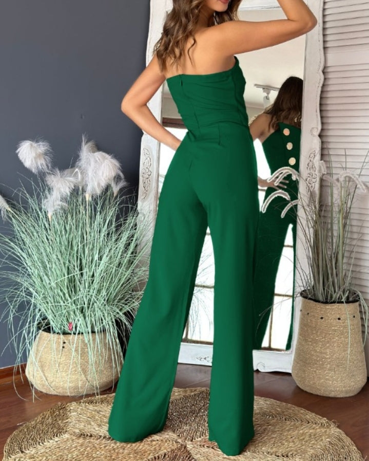 Premièrement : La Combinaison bandeau asymétrique sans bretelles avec boutons métalliques et salopette décontractée Femme.