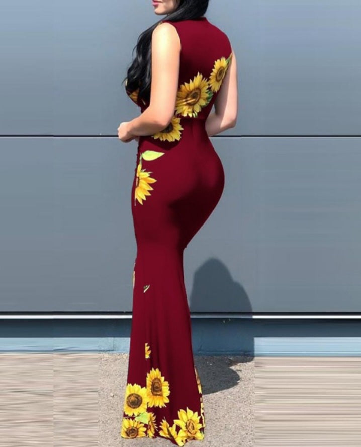 Premièrement : Cette Robe de soirée à fente haute et imprimé tournesol Femme.