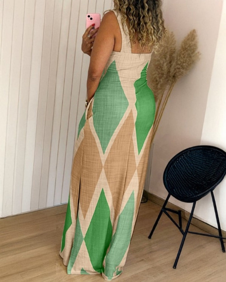 Premièrement : Cette Robe longue décontractée à.bretelles épaisses et imprimé géométrique, coupe ajustée, et fendue , avec poches Femme.
