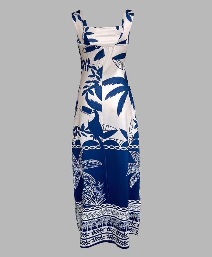 Premièrement : Cette Robe longue, fendue à bretelles épaisses et imprimé floral , coupe ajustée et décontractée , idéale pour les vacances .