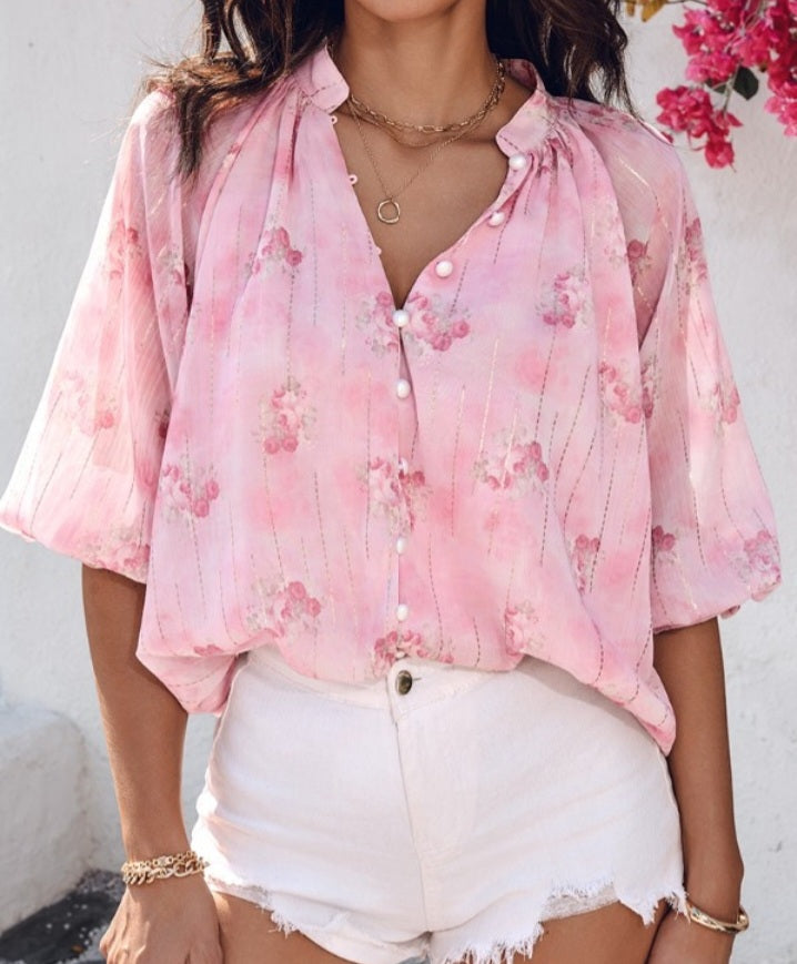 Premièrement : Misez sur la féminité lumineuse avec ce Chemisier à manches longues à imprimé floral en lurex pailleté, haut décontracté à boutons sur le devant femme.