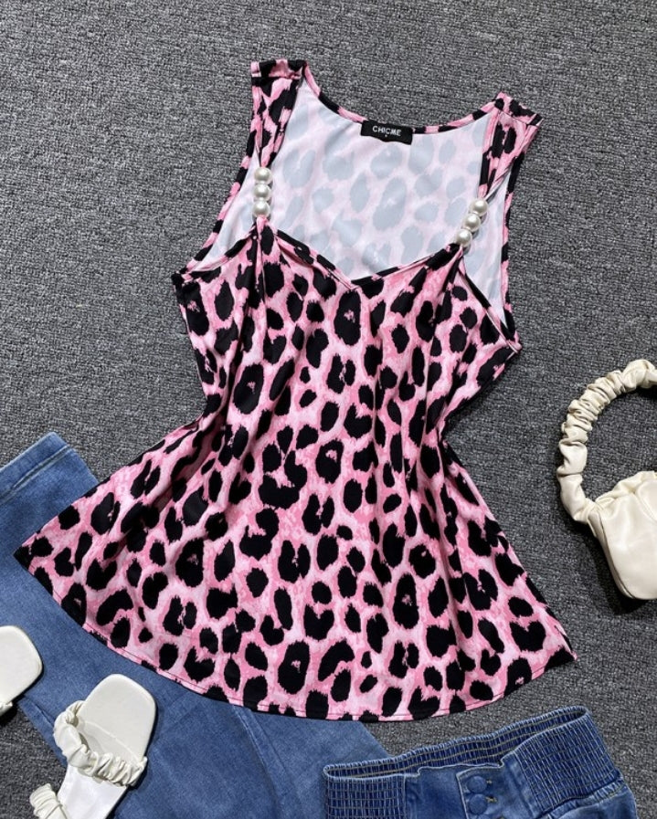 Premièrement : Ce Débardeur décontracté à col en V et motif léopard sans manches avec perles décoratives Femme.