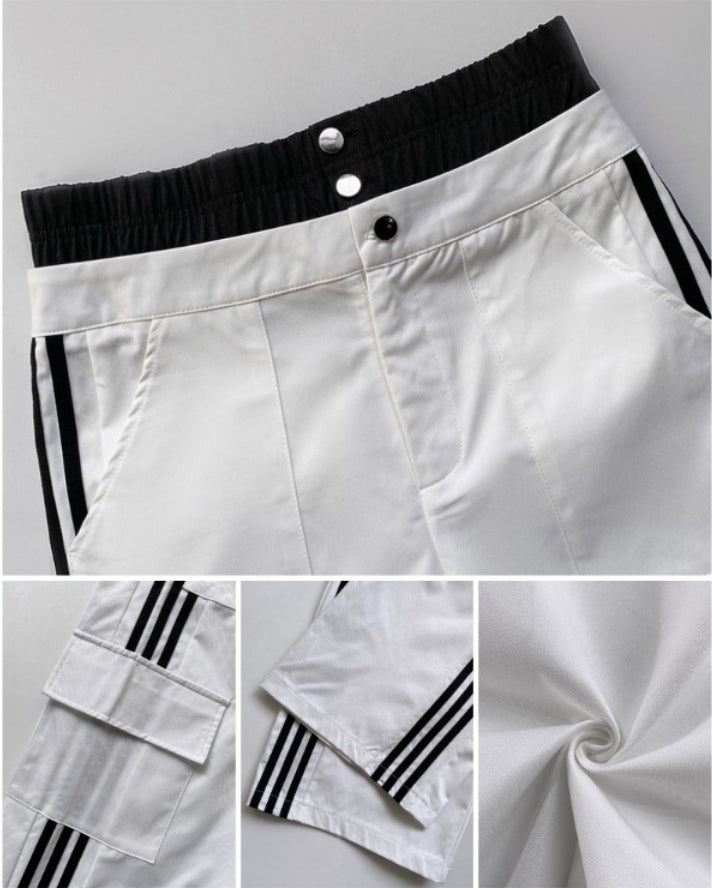 Premièrement : Ce Pantalon cargo taille haute extensible froncé à bandes rayées et poches Femme.