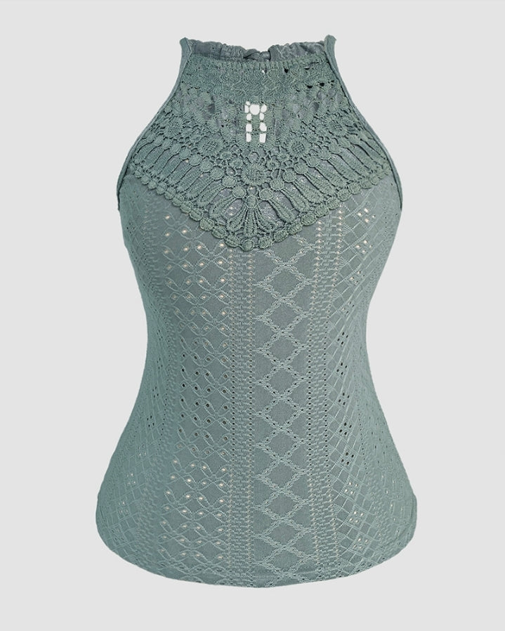 Premièrement : Ce débardeur sans manches en dentelle contrastée texturée, coupe slim décontractée Femme