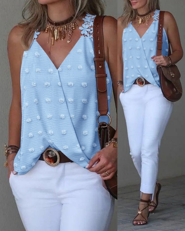 Premièrement : Ce Débardeur décontracté sans manches à imprimé jacquard à pois et sangles croisées femme.