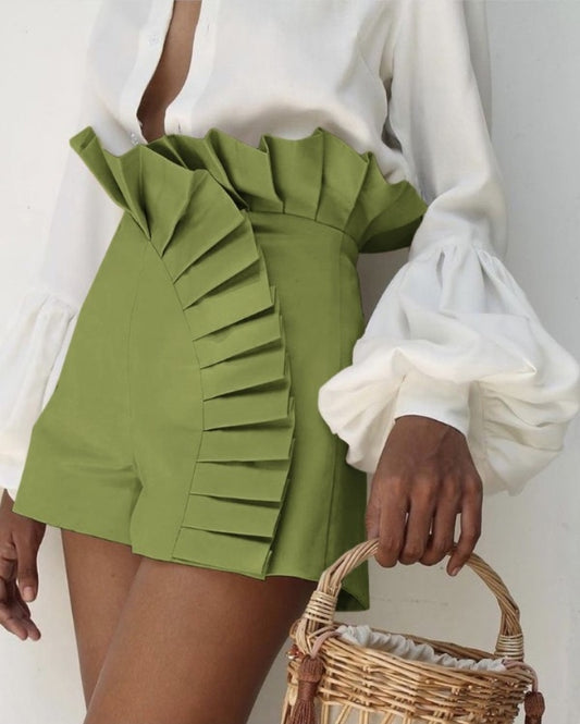 Premièrement : Ce Short taille haute froncé à ourlet volants femme.