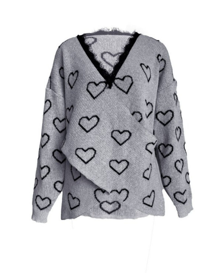 Pull cache cœur en tricot à manches longues et dentelle contrastée