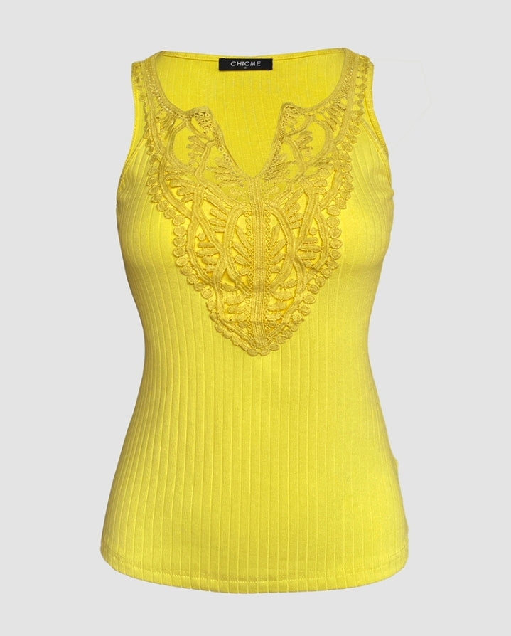 Premièrement : Ce Haut en tricot sans manches à col en V et dentelle contrastante Femme.