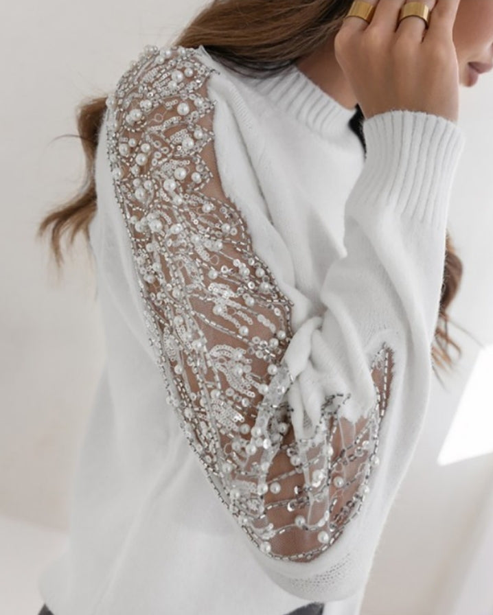Sheer mesh patch knit sweater with contrasting sequin beads