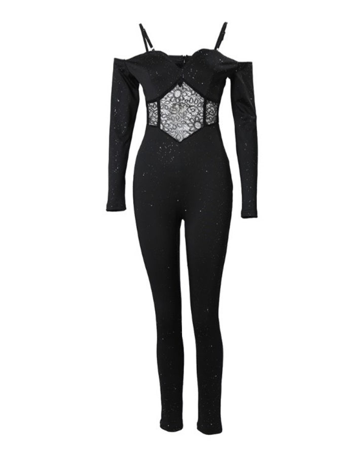 Premièrement : La Combinaison corset en dentelle contrastée à épaules dénudées scintillantes Femme.