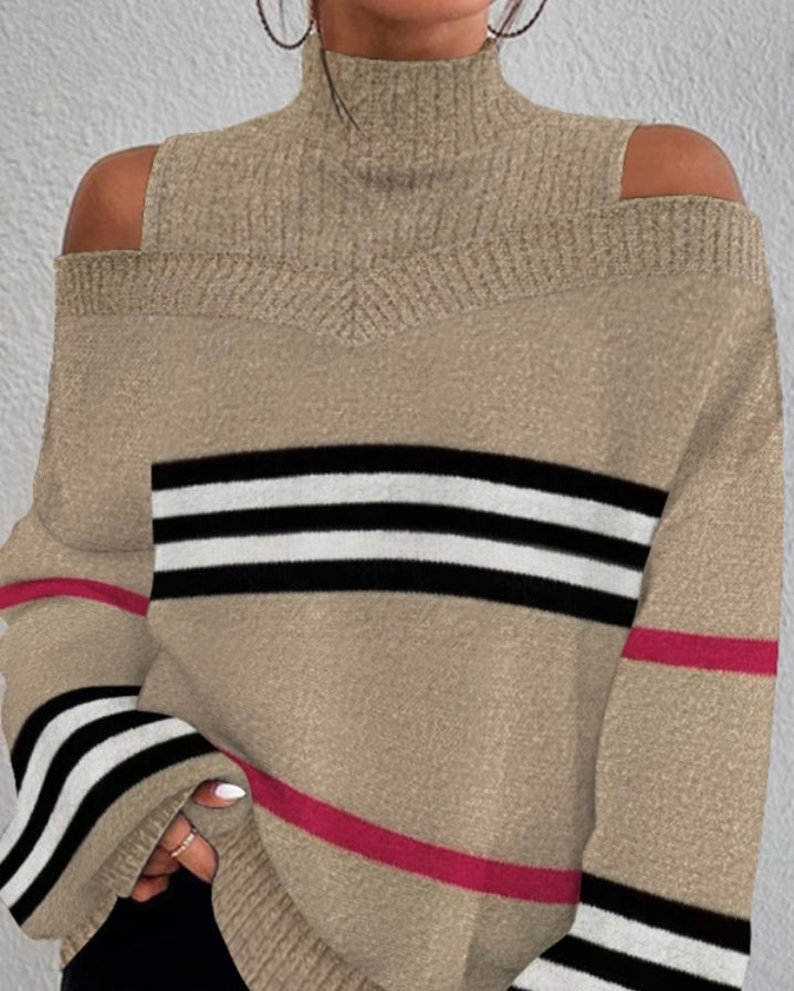 Striped Off-the-shoulder Lantern Sleeve Knit Sweater