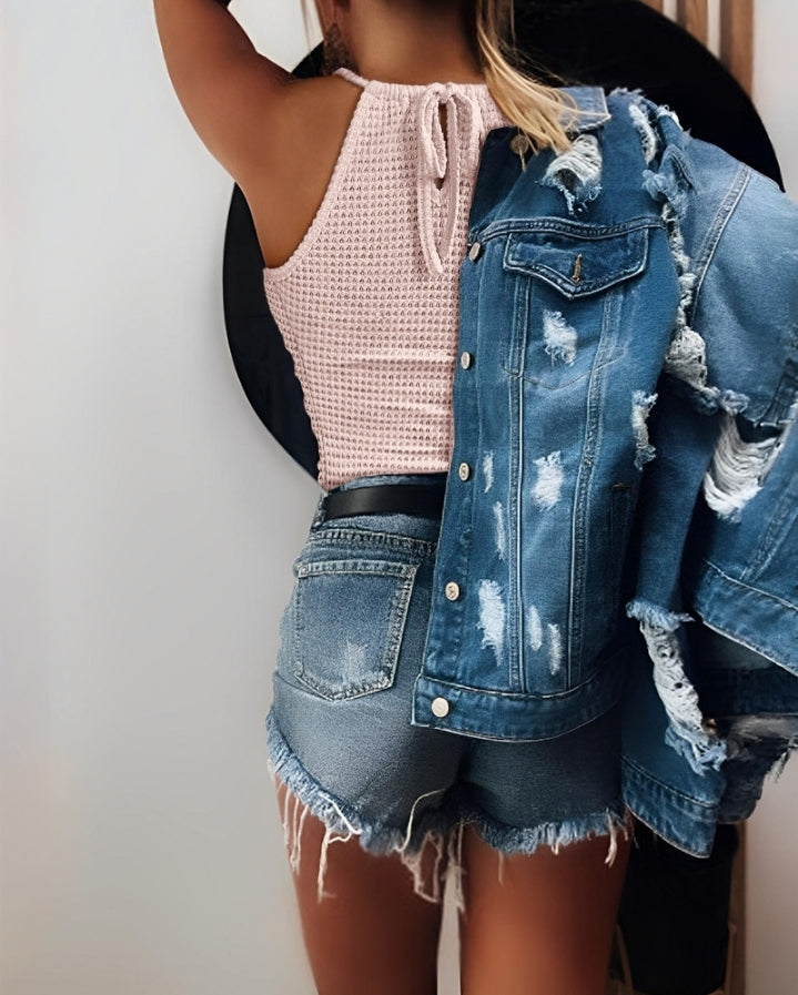 Premièrement : Ce débardeur sans manches en dentelle contrastée texturée, coupe slim décontractée Femme