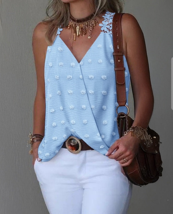 Premièrement : Ce Débardeur décontracté sans manches à imprimé jacquard à pois et sangles croisées femme.