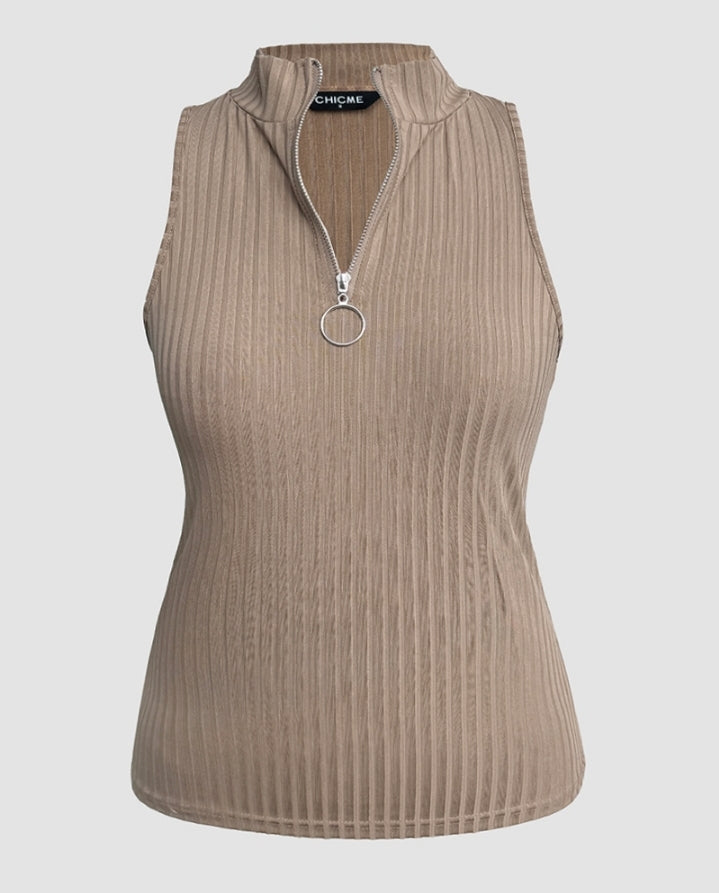 Premièrement : Ce Débardeur décontracté côtelé à col rond et coupe ajustée avec fermeture éclair et bretelles épaisses femme.