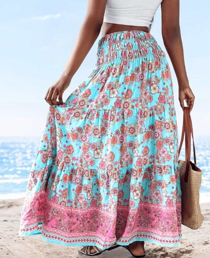 Premièrement : Cette Jupe longues plissées bohème d'été Jupes maxi fluides taille haute en ligne A Femme.