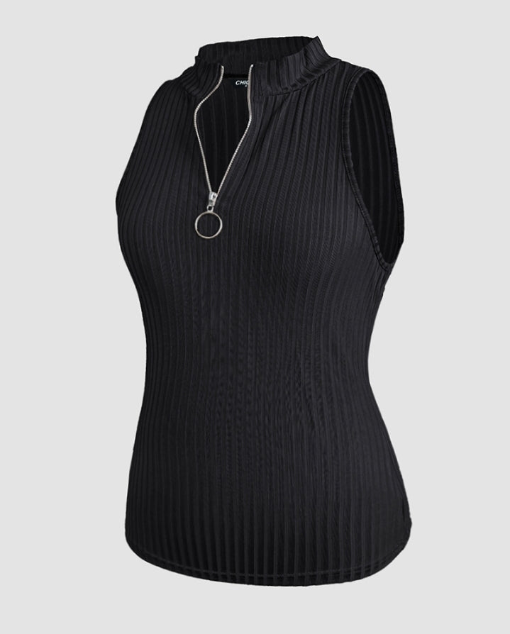 Premièrement : Ce Débardeur décontracté côtelé à col rond et coupe ajustée avec fermeture éclair et bretelles épaisses femme.