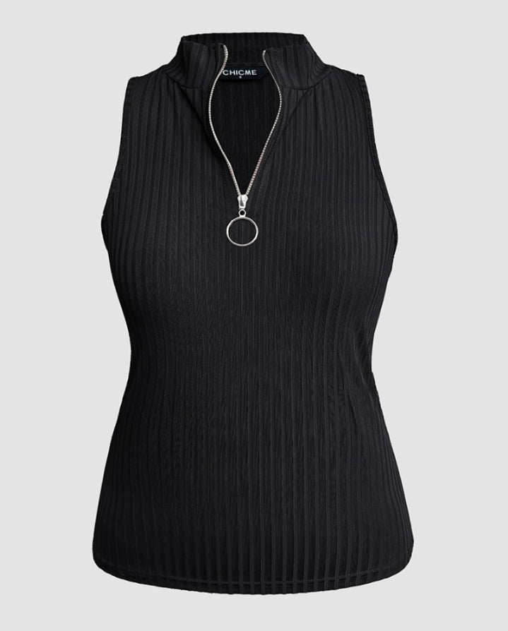 Premièrement : Ce Débardeur décontracté côtelé à col rond et coupe ajustée avec fermeture éclair et bretelles épaisses femme.