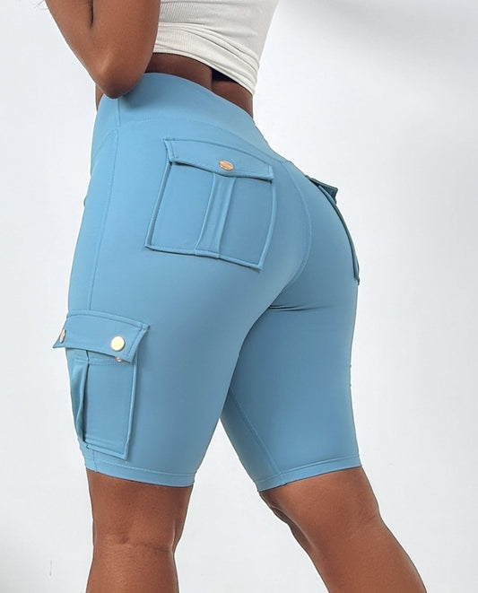 Premièrement : Ce Short de sport pour le contrôle du ventre et le levage des fesses, taille haute , avec poche à rabat , pour entraînement , bermuda cargo , pour la course à pied femme.