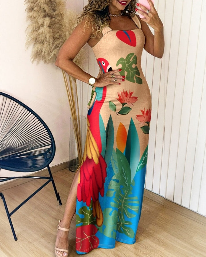 Premièrement : Cette Robe longue, fendue à bretelles épaisses et imprimé floral , coupe ajustée et décontractée , idéale pour les vacances .