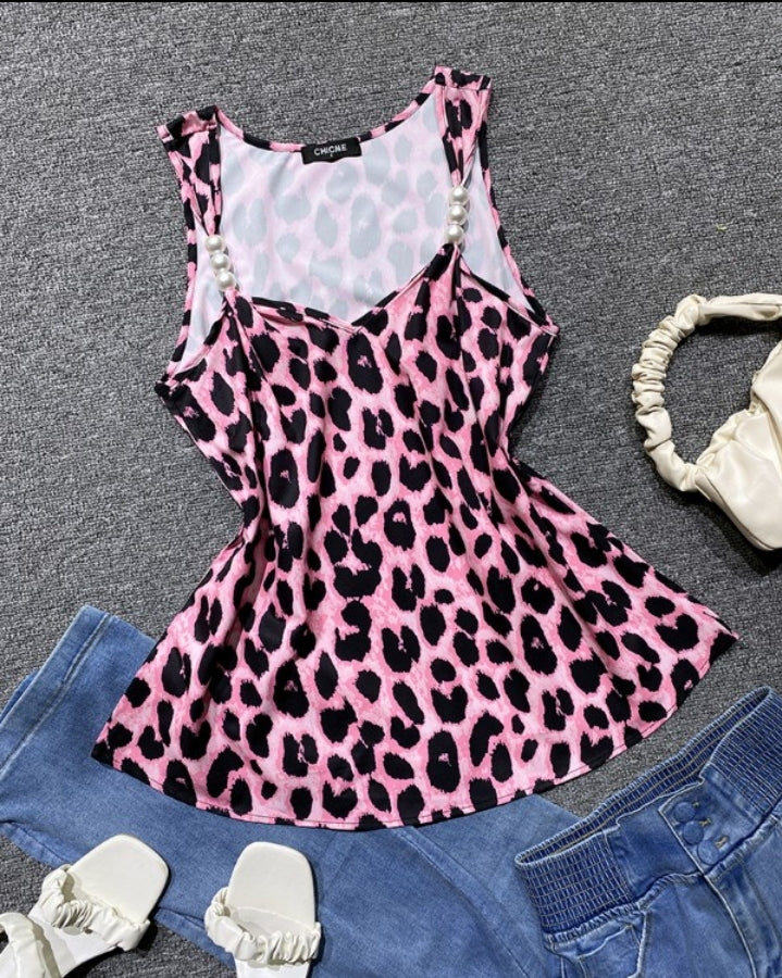 Premièrement : Ce Débardeur décontracté à col en V et motif léopard sans manches avec perles décoratives Femme.