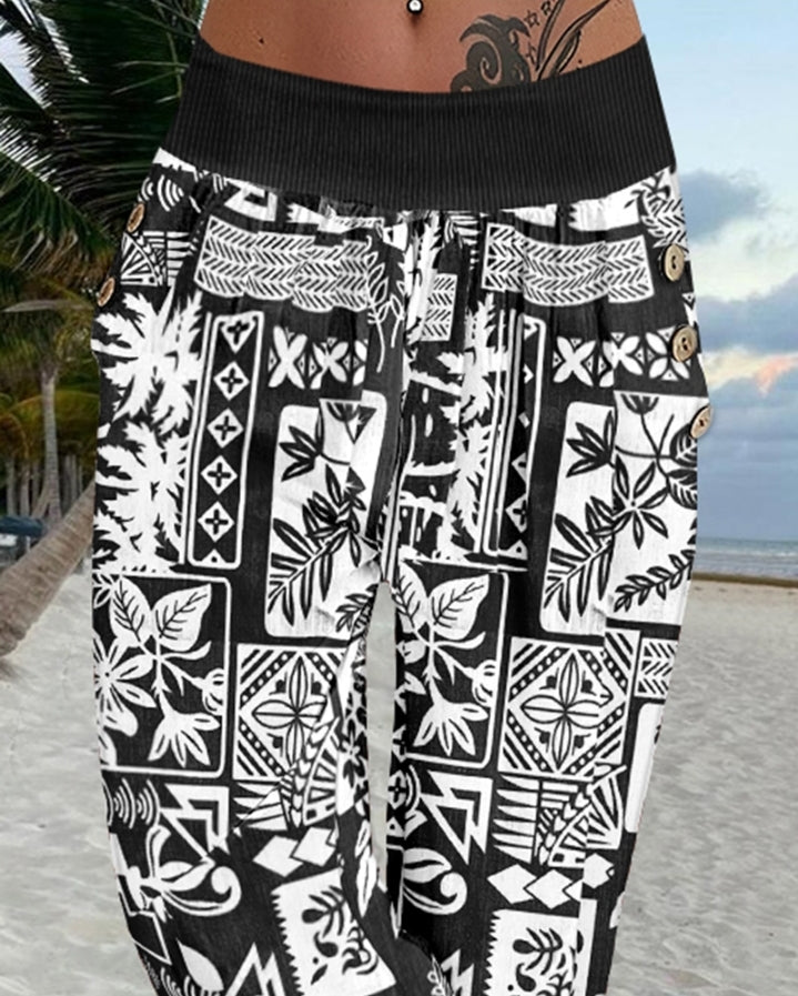 Premièrement : Ce Pantalon capri taille basse à imprimé plante tribales avec boutons décoratifs, pantalon de vacances avec poche femme .