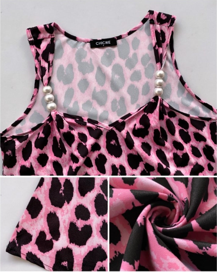Premièrement : Ce Débardeur décontracté à col en V et motif léopard sans manches avec perles décoratives Femme.