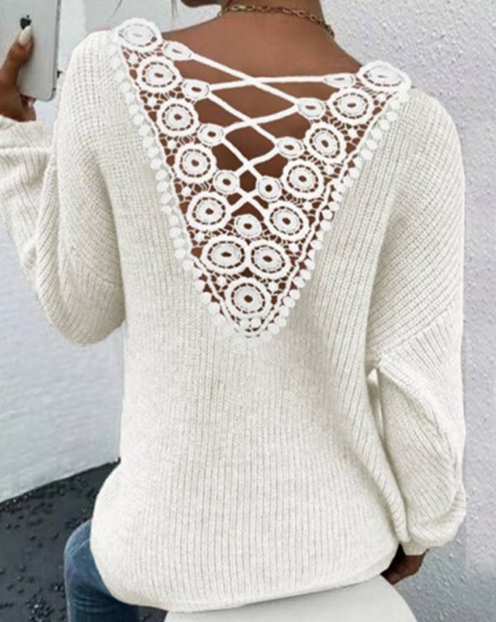 Pull en tricot croisé en dentelle contrastée à col en V