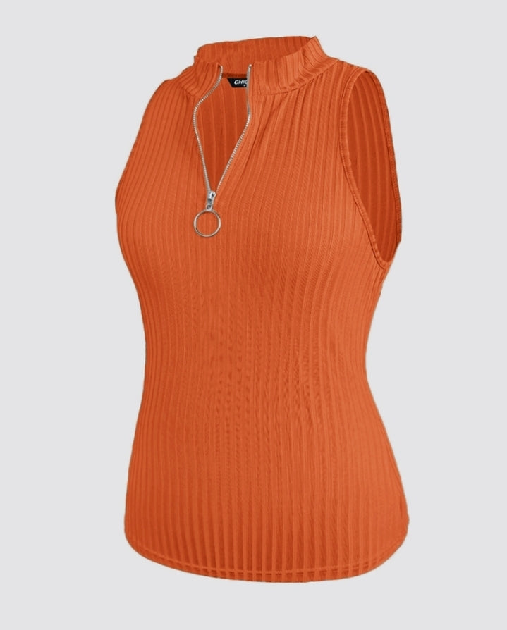 Premièrement : Ce Débardeur décontracté côtelé à col rond et coupe ajustée avec fermeture éclair et bretelles épaisses femme.