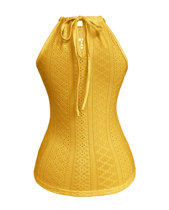 Premièrement : Ce débardeur sans manches en dentelle contrastée texturée, coupe slim décontractée Femme