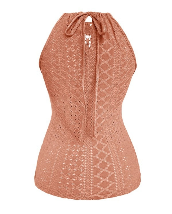 Premièrement : Ce débardeur sans manches en dentelle contrastée texturée, coupe slim décontractée Femme