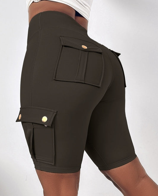 Premièrement : Ce Short de sport pour le contrôle du ventre et le levage des fesses, taille haute , avec poche à rabat , pour entraînement , bermuda cargo , pour la course à pied femme.