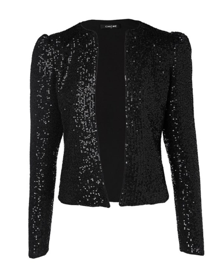 Premièrement : Brillez avec ce Manteau blazer à paillettes scintillantes, ouvert sur le devant , manches bouffantes femme.