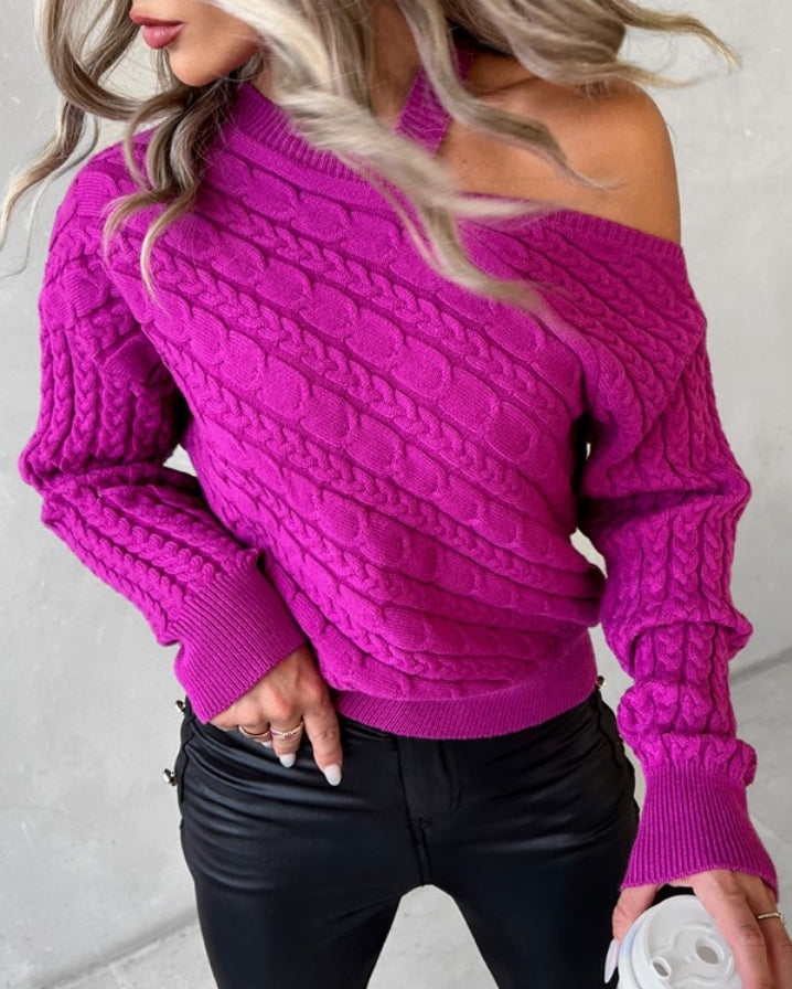Pull en maille torsadée à manches longues et épaules dénudées
