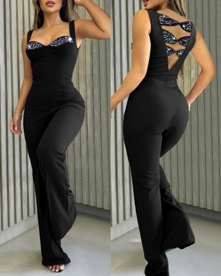 Premièrement : Brillez en toute simplicité avec cette Combinaison à col rond sans manches avec chaîne en strass , combinaison décontractée dos nu ample femme.