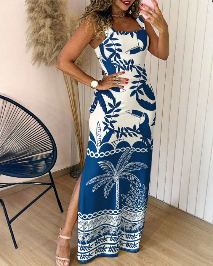 Premièrement : Cette Robe longue, fendue à bretelles épaisses et imprimé floral , coupe ajustée et décontractée , idéale pour les vacances .