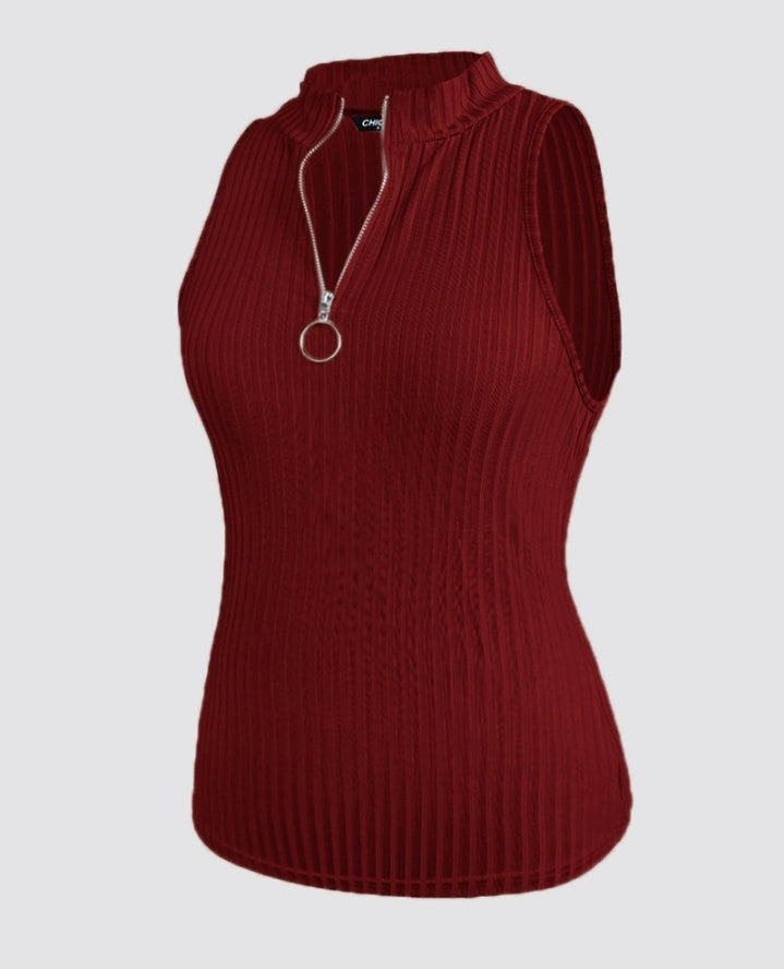 Premièrement : Ce Débardeur décontracté côtelé à col rond et coupe ajustée avec fermeture éclair et bretelles épaisses femme.