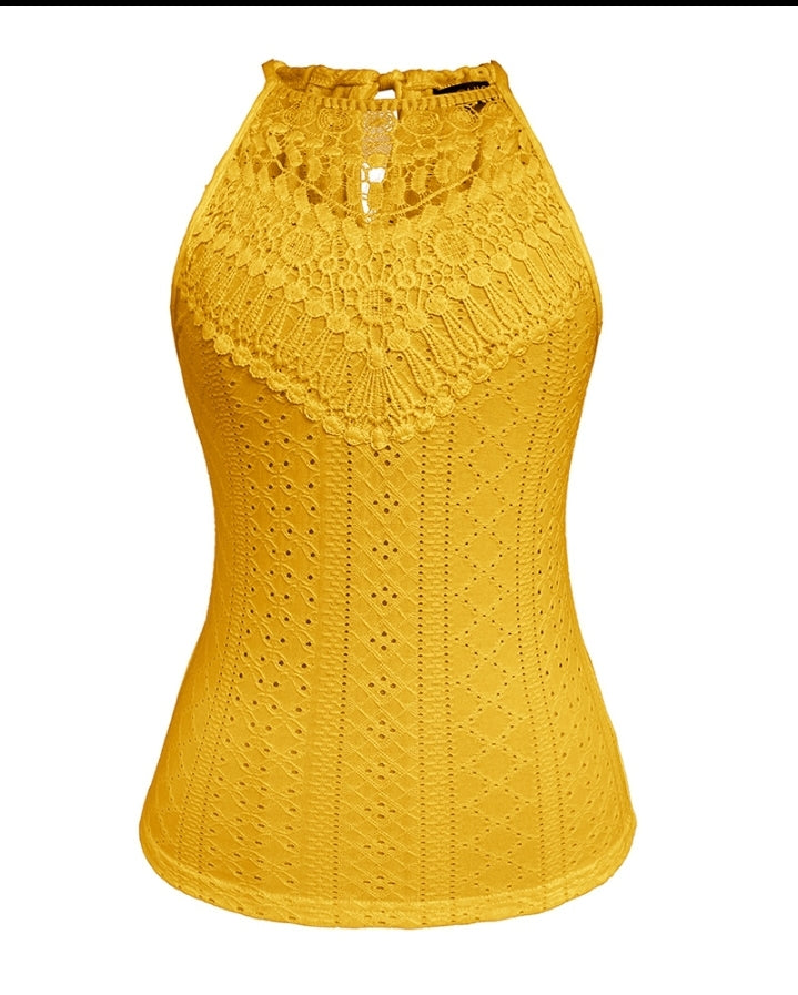 Premièrement : Ce débardeur sans manches en dentelle contrastée texturée, coupe slim décontractée Femme