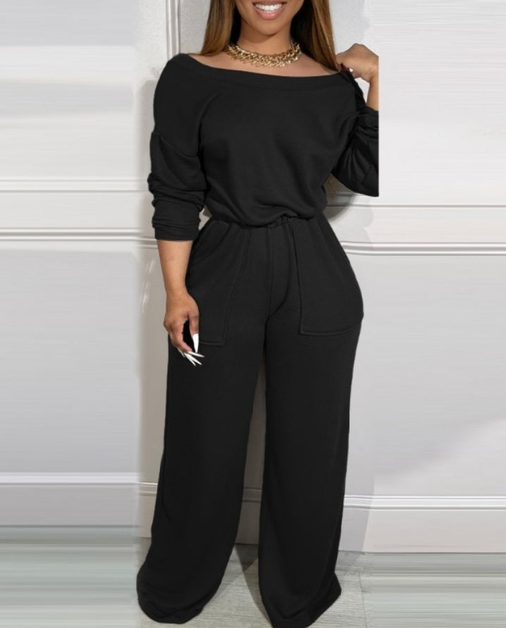 Combinaison à épaules dénudées et dos en V avec poches à la taille extensible femme