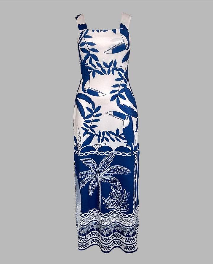 Premièrement : Cette Robe longue, fendue à bretelles épaisses et imprimé floral , coupe ajustée et décontractée , idéale pour les vacances .