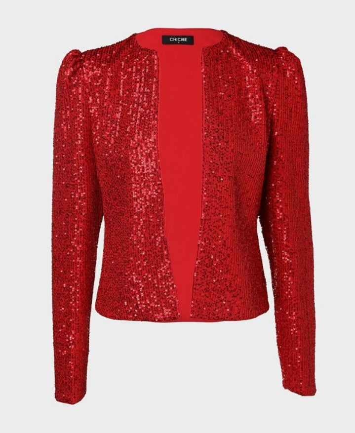 Premièrement : Brillez avec ce Manteau blazer à paillettes scintillantes, ouvert sur le devant , manches bouffantes femme.