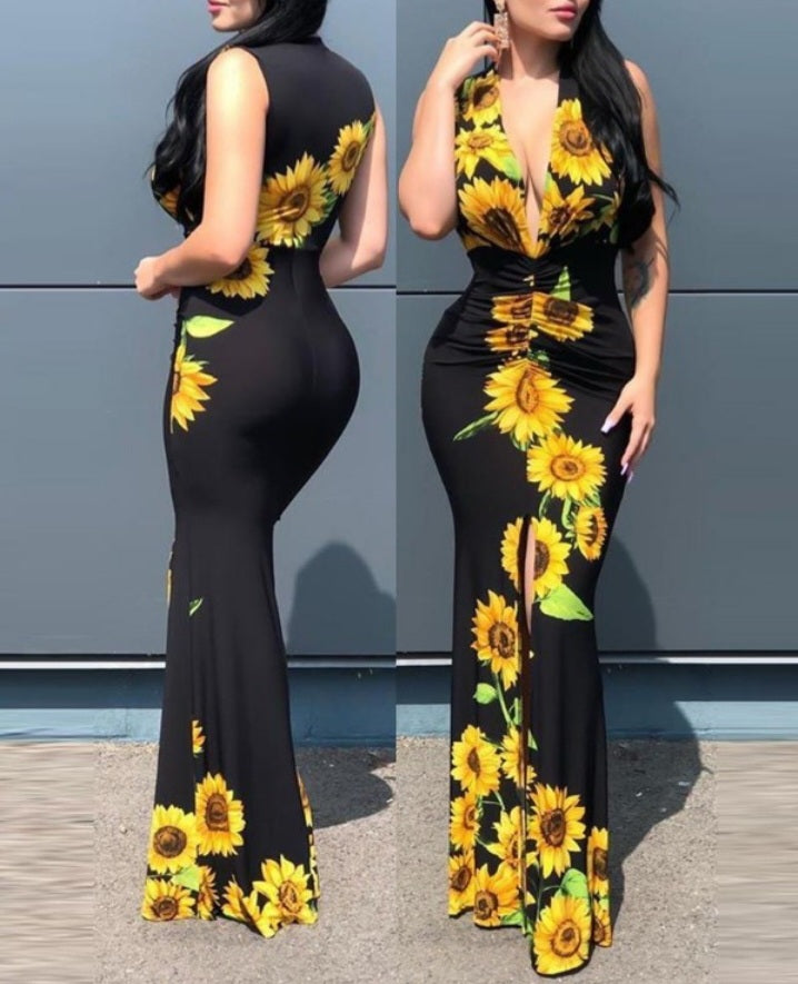 Premièrement : Cette Robe de soirée à fente haute et imprimé tournesol Femme.