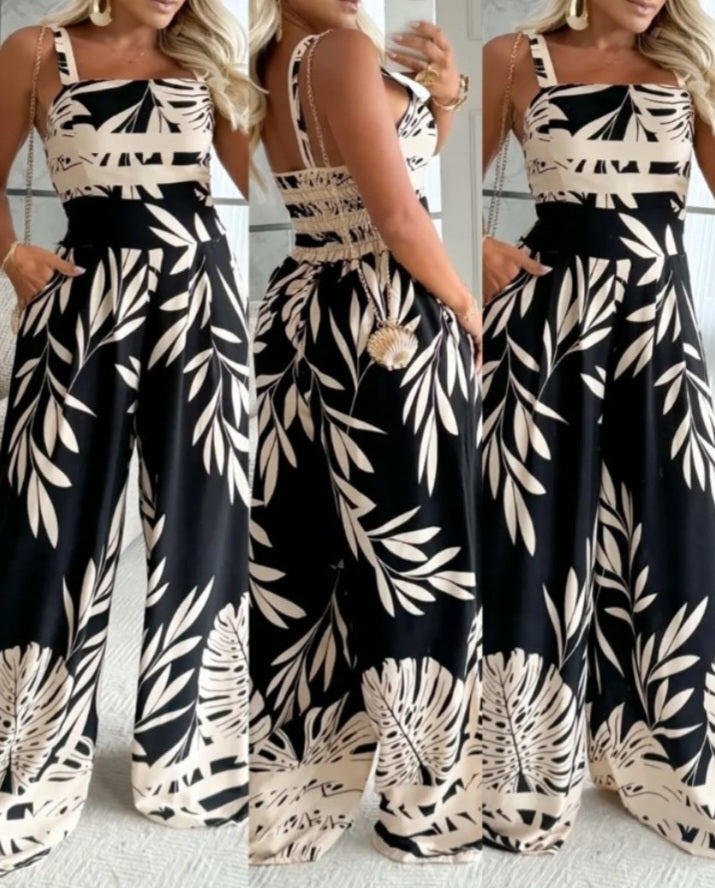 Premièrement : Plongez dans l’ambiance des îles avec cette combinaison dos nu à bretelles spaghetti et col carré à imprimé tropical, barboteuse décontractée à jambes larges froncées Femme