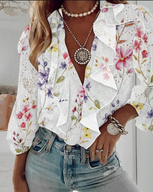 Premièrement : Ce séduit par son Chemisier à imprimé floral avec broderie à oeillets plongeant et volants, manches longues, boutons , chemises décontractées femme.