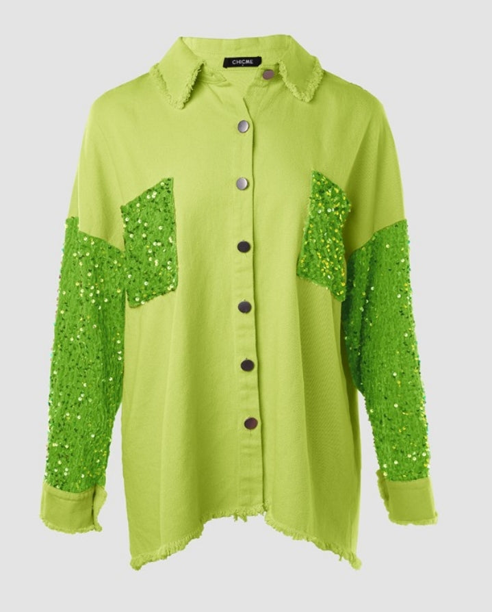 Premièrement : Apportez une touche d’éclat à votre look avec cette Veste décontractée à paillettes et patchwork à manches longues avec bouton sur le devant et ourlet brut femme